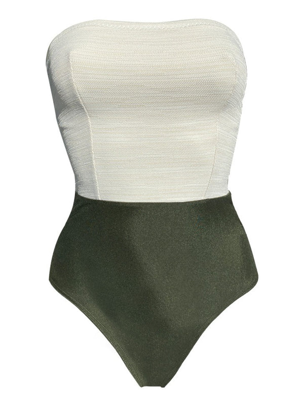 CHLOÉ bustier one-piece swimsuit in jacquard in Pampa – Baie Brune, swimwear made in France